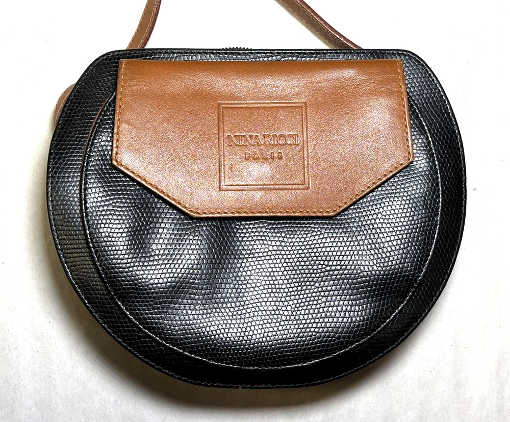 Vintage Nina Ricci Leather Shoulder Bag Black Brown Top Handle Purse